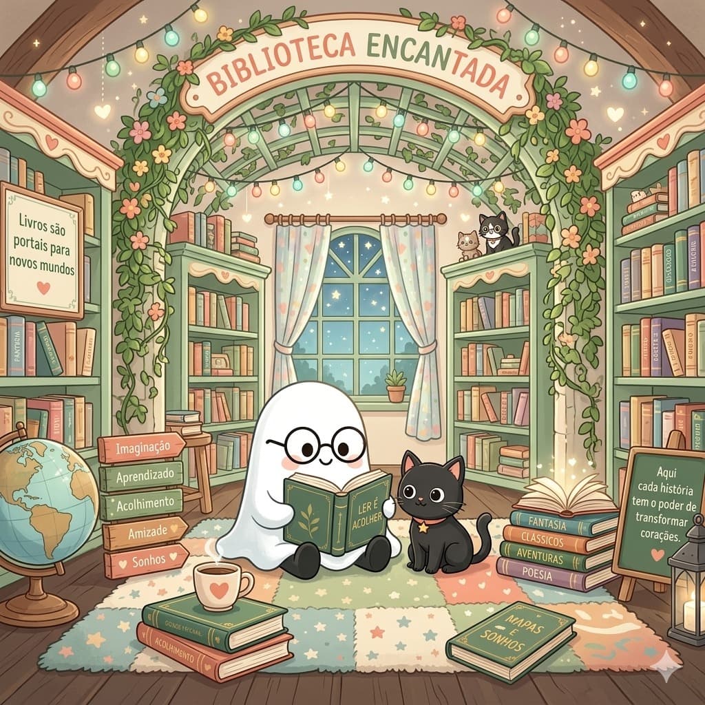 Fantasminha lendo em uma biblioteca encantada