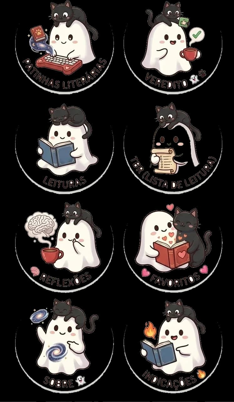 Adesivos das seções do Fantasminha Literário Adesivos das seções da marca: Patinhas literárias, Veredito, Leituras, TBR, Reflexões, Favoritos, Sobre e Indicações