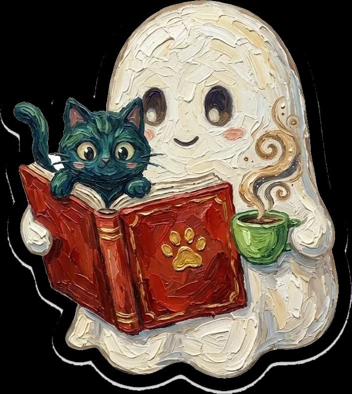 Leitura como aventura mágica Fantasminha com textura de pintura a óleo lendo um livro vermelho com o gatinho