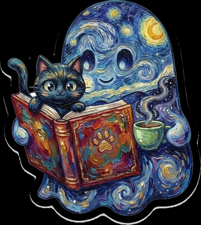 Fantasminha na noite estrelada Fantasminha pintado como uma noite estrelada, lendo com o gatinho preto
