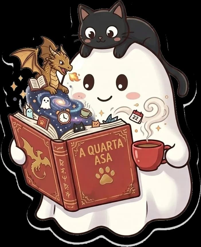Fantasminha e as histórias que ganham vida Fantasminha lendo o livro A Quarta Asa, com um dragão saindo das páginas e o gatinho na cabeça