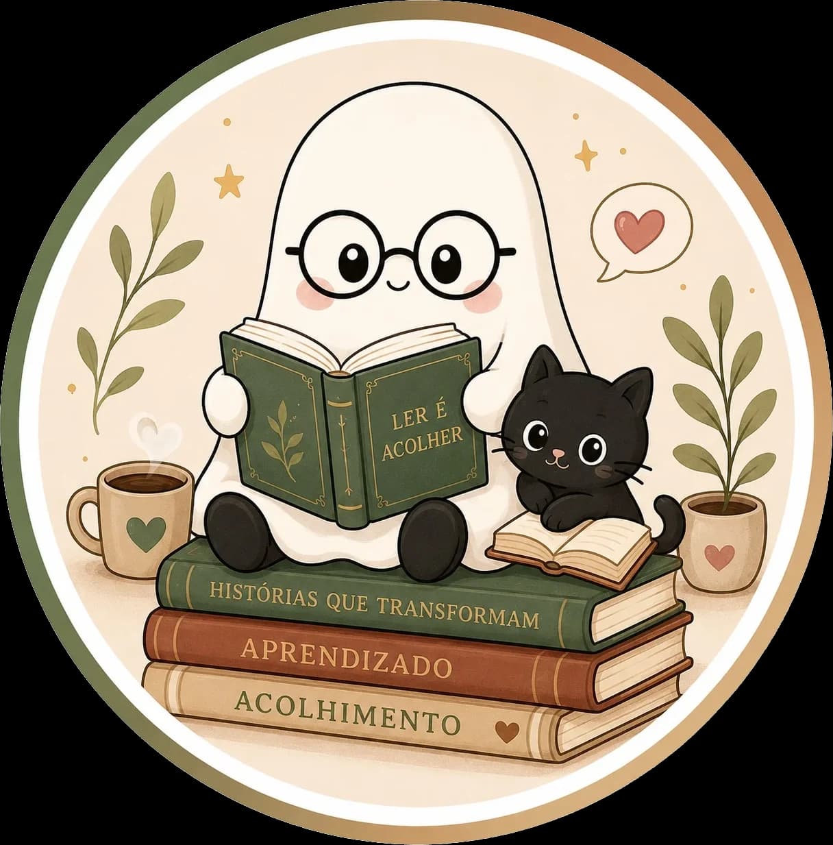 Ler é acolher Selo do fantasminha de óculos lendo sobre livros de histórias que transformam, aprendizado e acolhimento
